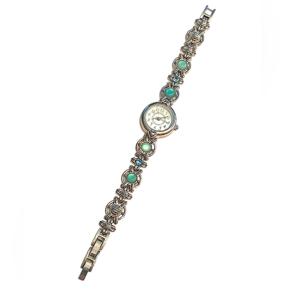 Christian Benet Vintage Jeweled Bracelet Watch Teal Silver